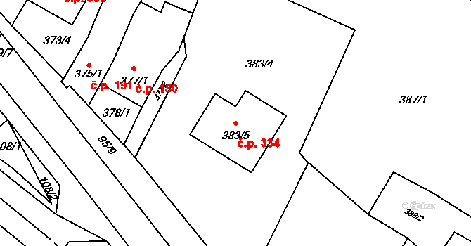 Rychlov 334, Bystřice pod Hostýnem na parcele st. 383/5 v KÚ Rychlov u Bystřice pod Hostýnem, Katastrální mapa