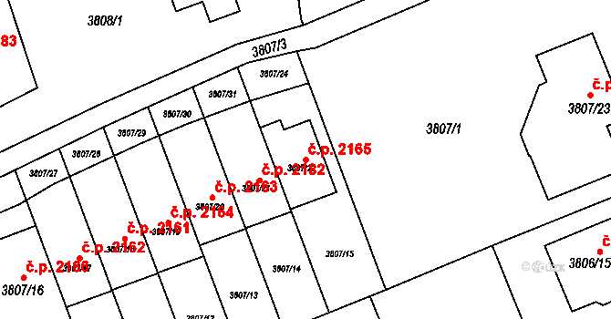 Řečkovice 2165, Brno na parcele st. 3807/22 v KÚ Řečkovice, Katastrální mapa