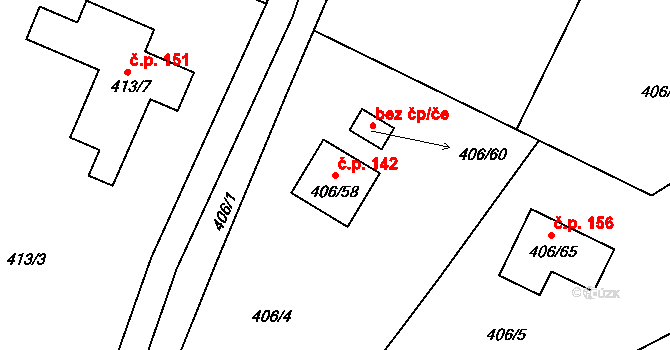 Habrůvka 142 na parcele st. 406/58 v KÚ Habrůvka, Katastrální mapa