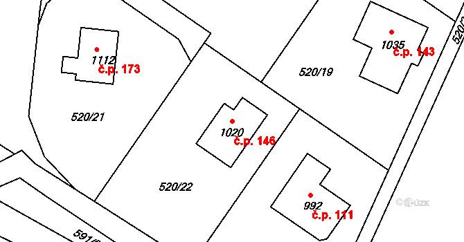 Čtyřkoly 146 na parcele st. 1020 v KÚ Čtyřkoly, Katastrální mapa