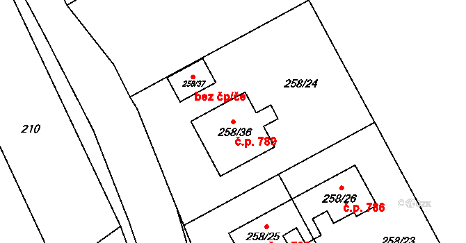 Březce 789, Štěpánov na parcele st. 258/36 v KÚ Březce, Katastrální mapa