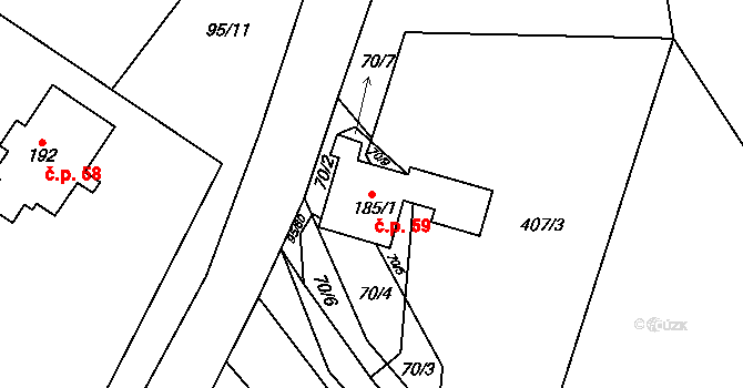 Újezd 59, Mohelnice na parcele st. 185/1 v KÚ Újezd u Mohelnice, Katastrální mapa