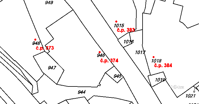 Jemnice 374 na parcele st. 946 v KÚ Jemnice, Katastrální mapa