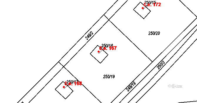 Tušimice 167, Kadaň na parcele st. 250/16 v KÚ Tušimice, Katastrální mapa