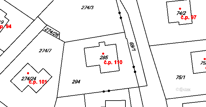 Sadov 110 na parcele st. 295 v KÚ Sadov, Katastrální mapa