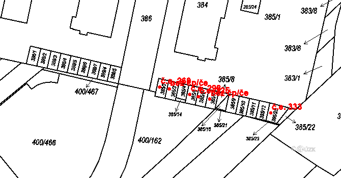 Střelice 42661331 na parcele st. 385/3 v KÚ Střelice u Brna, Katastrální mapa