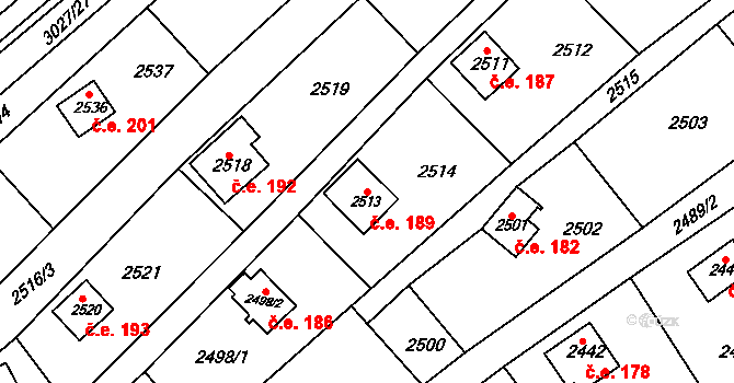 Buchlovice 189 na parcele st. 2513 v KÚ Buchlovice, Katastrální mapa