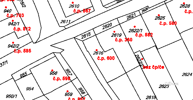 Nivnice 600 na parcele st. 2616 v KÚ Nivnice, Katastrální mapa