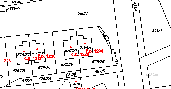 Černice 1230, Plzeň na parcele st. 676/54 v KÚ Bručná, Katastrální mapa