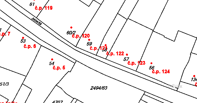 Mouřínov 122 na parcele st. 58 v KÚ Mouřínov, Katastrální mapa