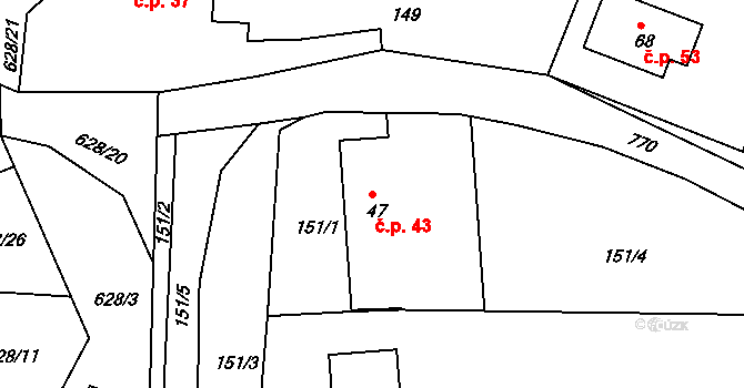 Licomělice 43, Načešice na parcele st. 47 v KÚ Licomělice, Katastrální mapa