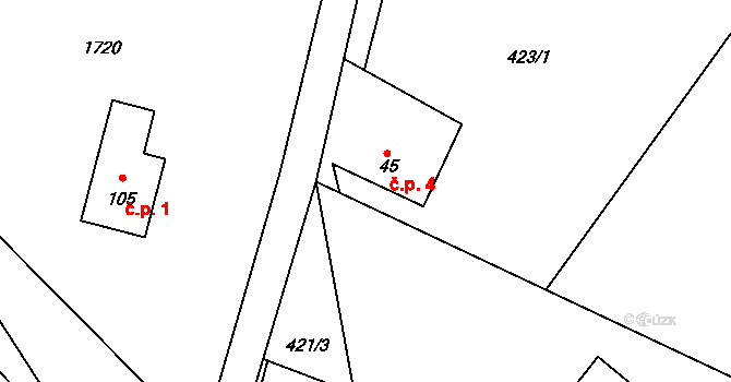 Lipina 4, Mladoňovice na parcele st. 45 v KÚ Deblov, Katastrální mapa