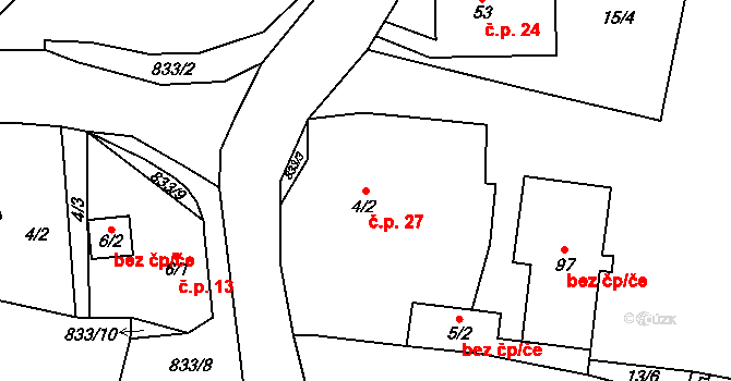 Licibořice 27 na parcele st. 4/2 v KÚ Licibořice, Katastrální mapa