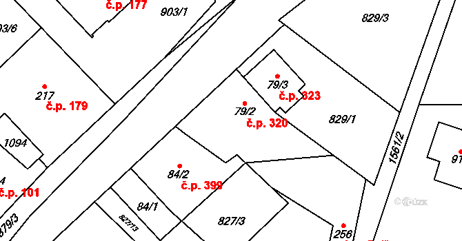 Hanušovice 320 na parcele st. 79/2 v KÚ Hanušovice, Katastrální mapa