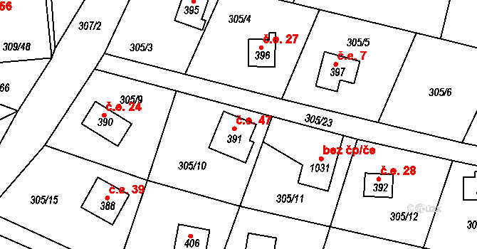 Hýskov 47 na parcele st. 391 v KÚ Hýskov, Katastrální mapa