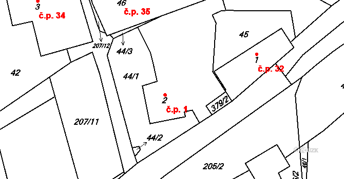 Senešnice 1, Bojanovice na parcele st. 2 v KÚ Senešnice, Katastrální mapa