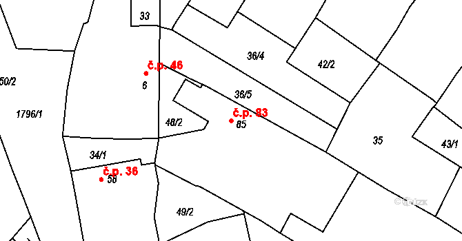 Borkovice 83 na parcele st. 85 v KÚ Borkovice, Katastrální mapa