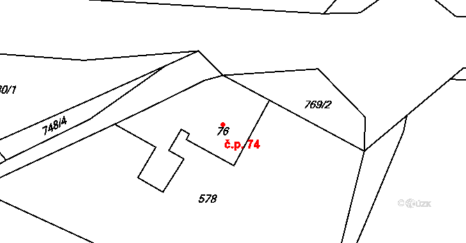 Rochlov 74 na parcele st. 76 v KÚ Rochlov, Katastrální mapa