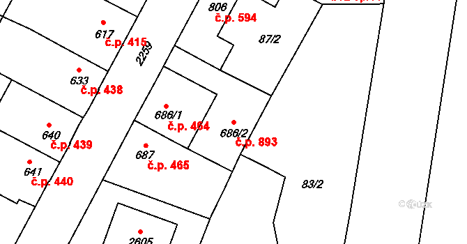 Heřmanův Městec 893 na parcele st. 686/2 v KÚ Heřmanův Městec, Katastrální mapa