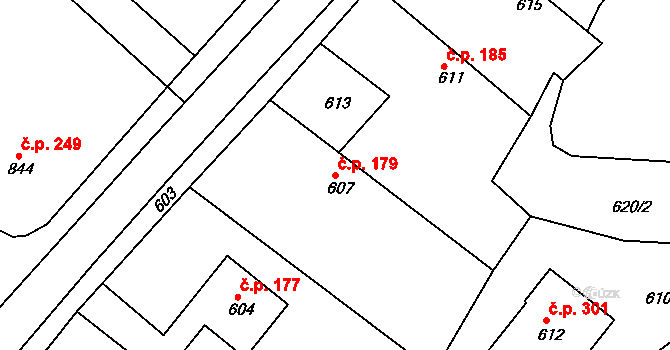 Jasenná 179 na parcele st. 607 v KÚ Jasenná, Katastrální mapa