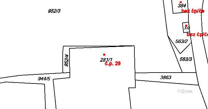 Šonov 29 na parcele st. 281/1 v KÚ Šonov u Broumova, Katastrální mapa