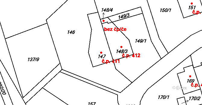 Vejprnice 411 na parcele st. 147 v KÚ Vejprnice, Katastrální mapa