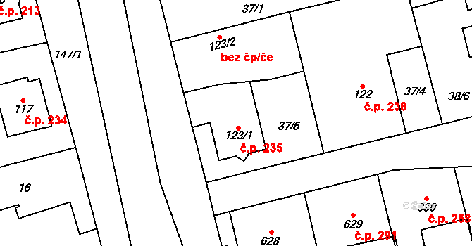 Ohrazenice 235, Pardubice na parcele st. 123/1 v KÚ Ohrazenice, Katastrální mapa