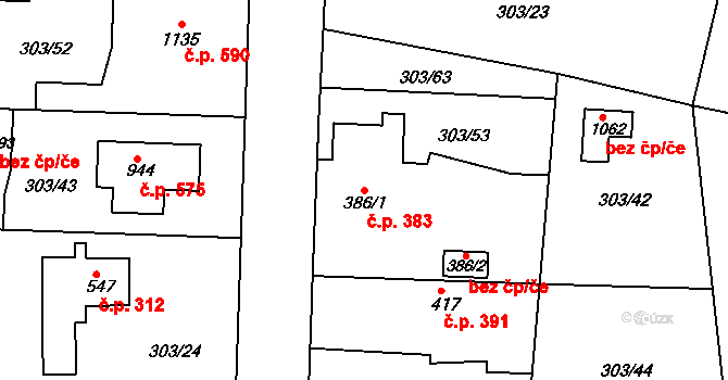 Rosice 383, Pardubice na parcele st. 386/1 v KÚ Rosice nad Labem, Katastrální mapa