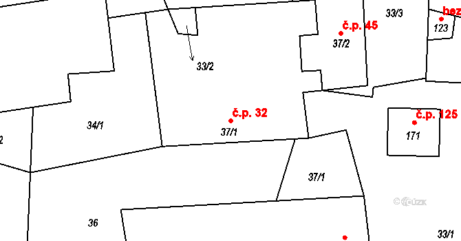 Hracholusky 32 na parcele st. 37/1 v KÚ Hracholusky u Prachatic, Katastrální mapa