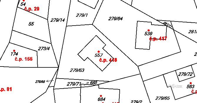 Červený Újezd 418 na parcele st. 557 v KÚ Červený Újezd, Katastrální mapa