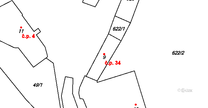 Lašovice 34 na parcele st. 9 v KÚ Lašovice, Katastrální mapa