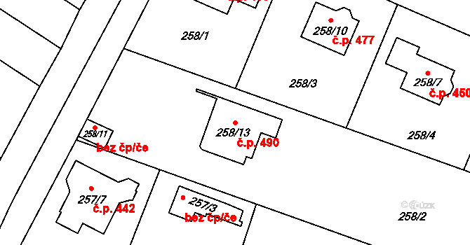 Malé Hoštice 490, Opava na parcele st. 258/13 v KÚ Malé Hoštice, Katastrální mapa