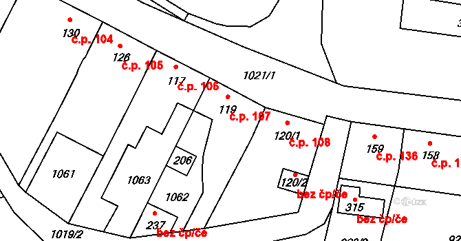 Měcholupy 107 na parcele st. 119 v KÚ Měcholupy u Žatce, Katastrální mapa