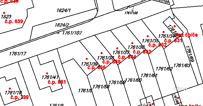 Podbořany 835 na parcele st. 1761/38 v KÚ Podbořany, Katastrální mapa