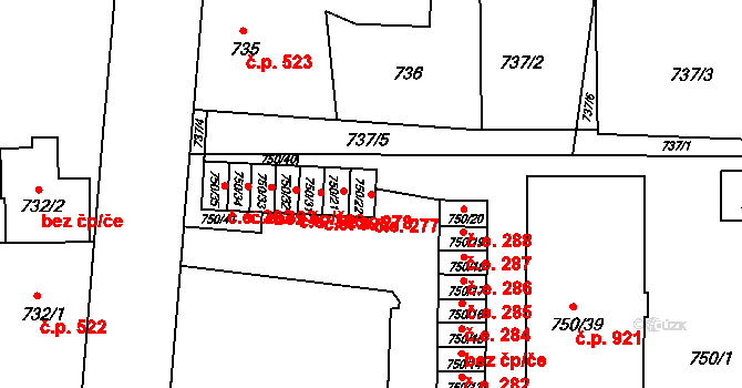 Podbořany 277 na parcele st. 750/22 v KÚ Podbořany, Katastrální mapa
