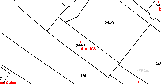 Prusinovice 105 na parcele st. 344/1 v KÚ Prusinovice, Katastrální mapa