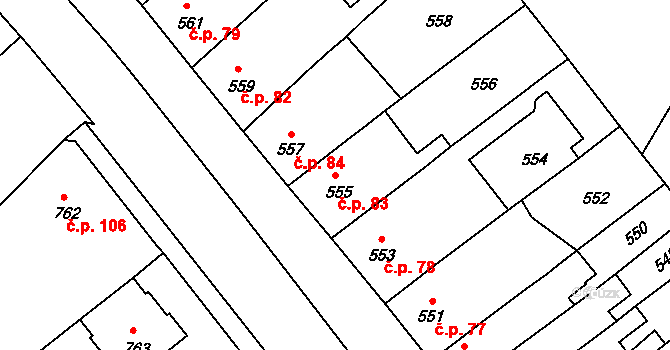 Bedihošť 83 na parcele st. 555 v KÚ Bedihošť, Katastrální mapa