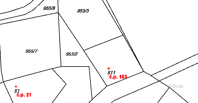 Kounice 153 na parcele st. 511 v KÚ Kounice, Katastrální mapa