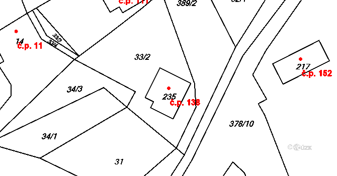 Merklín 138 na parcele st. 235 v KÚ Merklín u Karlových Var, Katastrální mapa