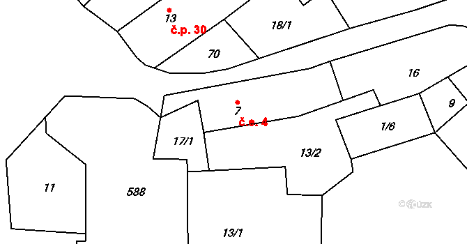 Poutnov 4, Teplá na parcele st. 7 v KÚ Poutnov, Katastrální mapa