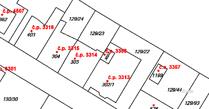 Jihlava 3358 na parcele st. 302/2 v KÚ Bedřichov u Jihlavy, Katastrální mapa