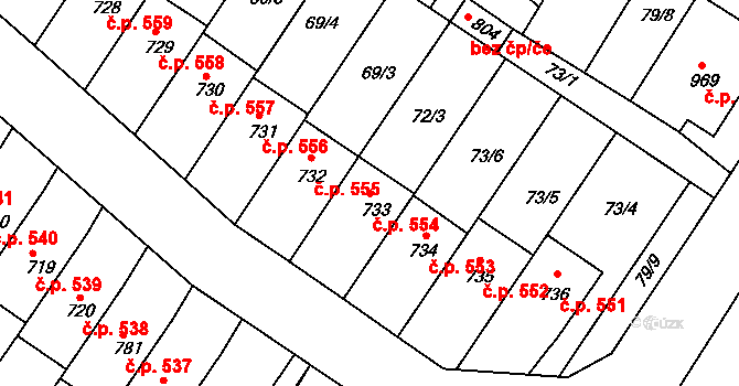 Dolní Bousov 554 na parcele st. 733 v KÚ Dolní Bousov, Katastrální mapa
