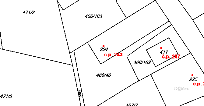 Broumy 243 na parcele st. 224 v KÚ Broumy, Katastrální mapa