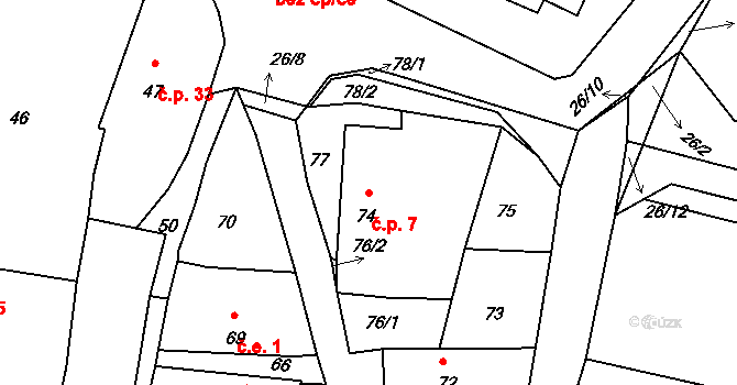 Konětopy 7, Milín na parcele st. 74 v KÚ Konětopy u Příbramě, Katastrální mapa