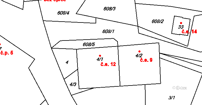 Mošnice 12, Snědovice na parcele st. 4/1 v KÚ Mošnice, Katastrální mapa