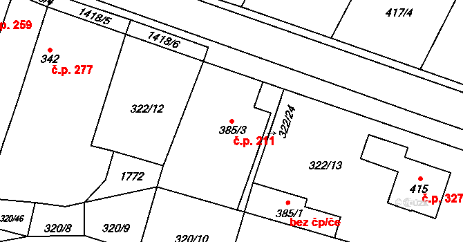 Miletín 211 na parcele st. 385/3 v KÚ Miletín, Katastrální mapa