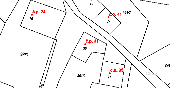 Čábuze 31, Vacov na parcele st. 38 v KÚ Čábuze, Katastrální mapa