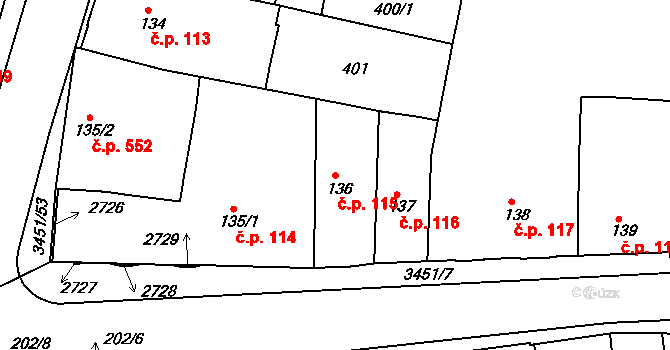 Lysá nad Labem 115 na parcele st. 136 v KÚ Lysá nad Labem, Katastrální mapa