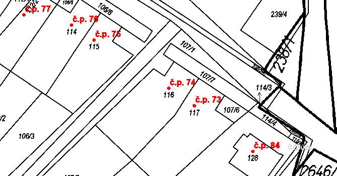 Zvěrkovice 74 na parcele st. 116 v KÚ Zvěrkovice u Moravských Budějovic, Katastrální mapa
