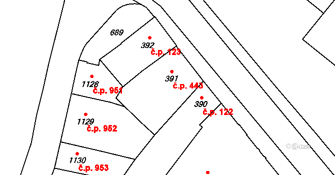 Břeclav 443 na parcele st. 391 v KÚ Břeclav, Katastrální mapa